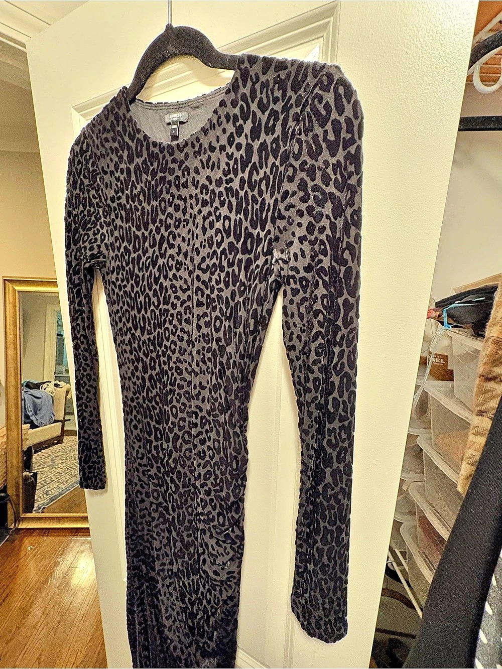 Express Leopard Burnout Crew Neck Long Sleeve Ruched Midi Dress Ruched Midi size